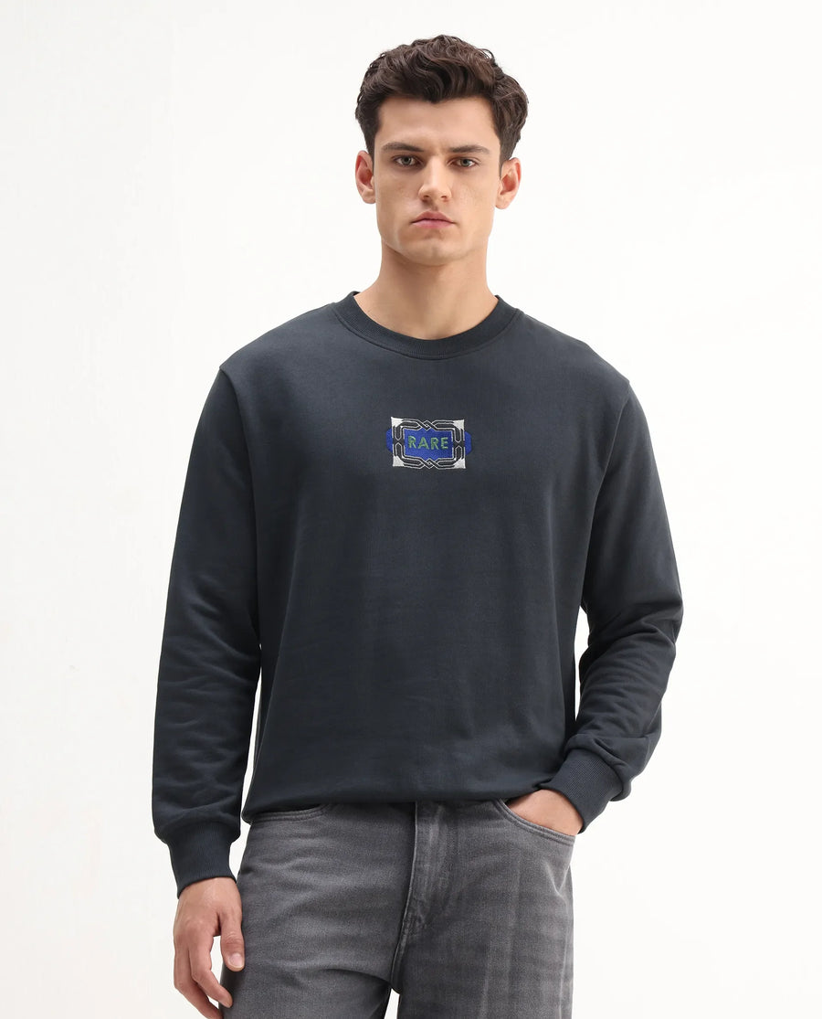 Rare Rabbit Men's Wolf Dark Grey Cotton Embroidered Regular Fit Full Sleeve Crew Neck Sweatshirt