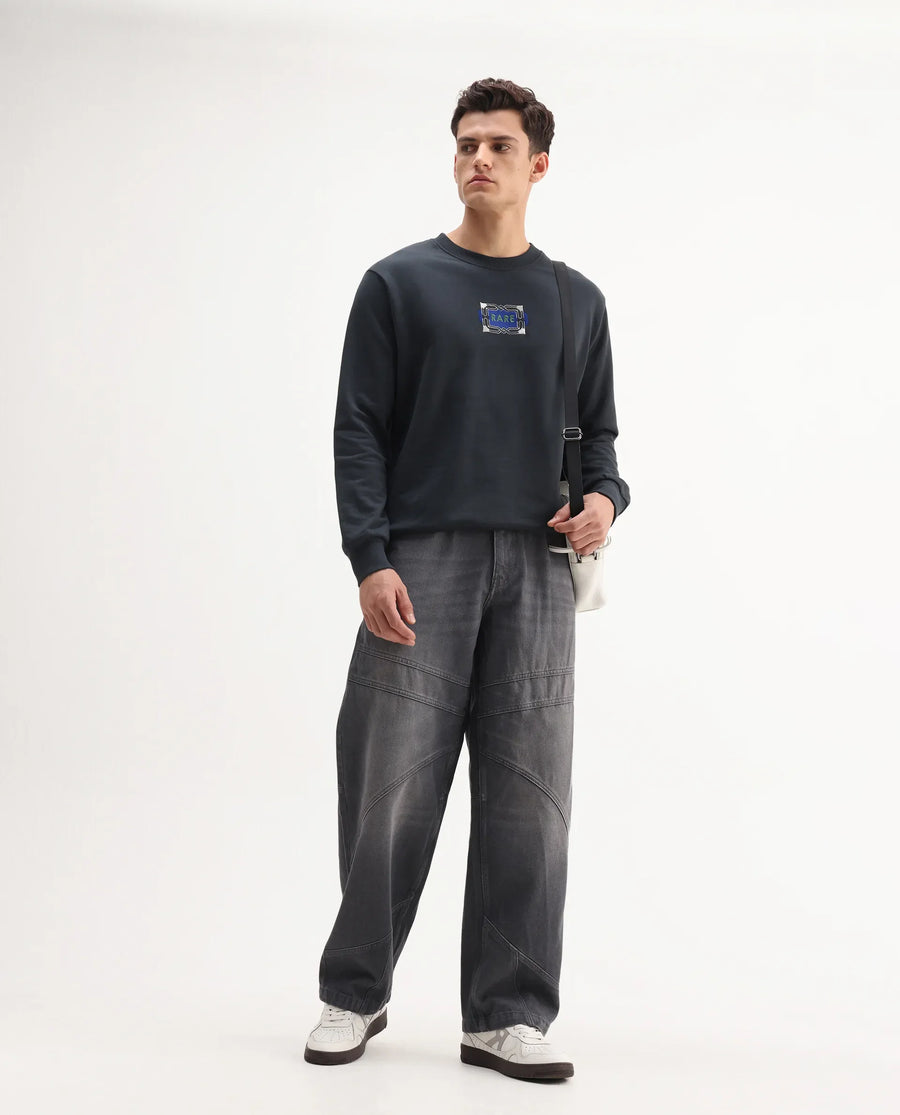 Rare Rabbit Men's Wolf Dark Grey Cotton Embroidered Regular Fit Full Sleeve Crew Neck Sweatshirt