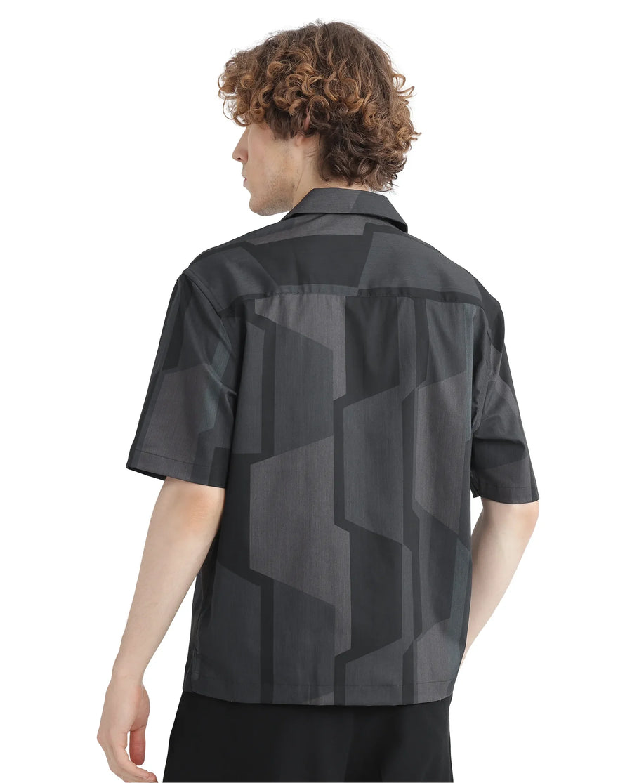Rare Rabbit Men's Wote Navy Geometric Print Boxy Fit Half Sleeve Cuban Collar Shirt
