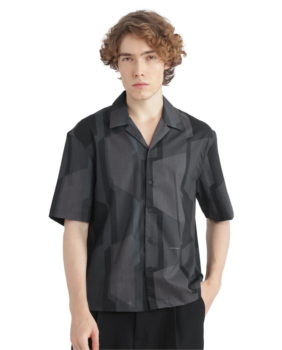 Rare Rabbit Men's Wote Navy Geometric Print Boxy Fit Half Sleeve Cuban Collar Shirt