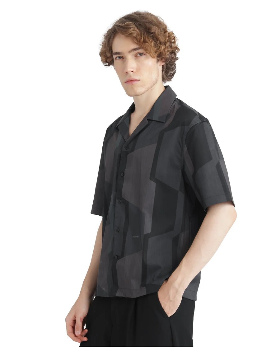 Rare Rabbit Men's Wote Navy Geometric Print Boxy Fit Half Sleeve Cuban Collar Shirt