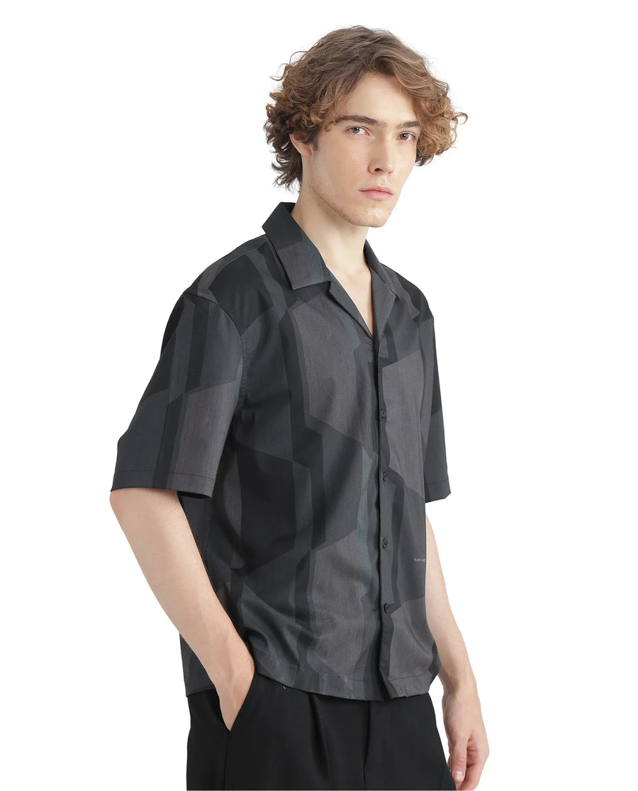 Rare Rabbit Men's Wote Navy Geometric Print Boxy Fit Half Sleeve Cuban Collar Shirt
