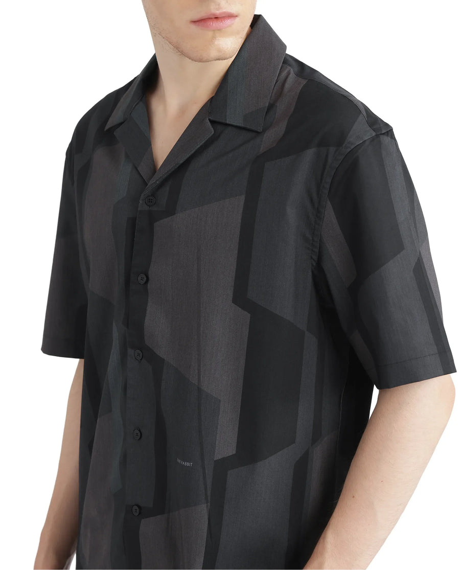 Rare Rabbit Men's Wote Navy Geometric Print Boxy Fit Half Sleeve Cuban Collar Shirt