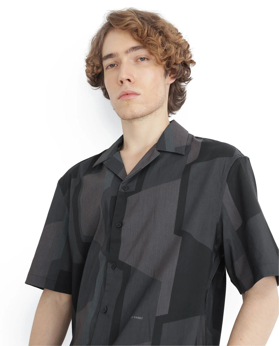 Rare Rabbit Men's Wote Navy Geometric Print Boxy Fit Half Sleeve Cuban Collar Shirt