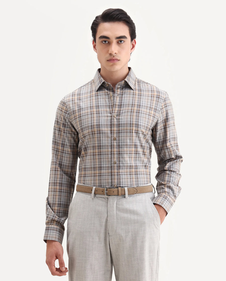 Rare Rabbit Men's Woti Grey Cotton Fabric Full Sleeve Collared Neck Regular Checked Shirt