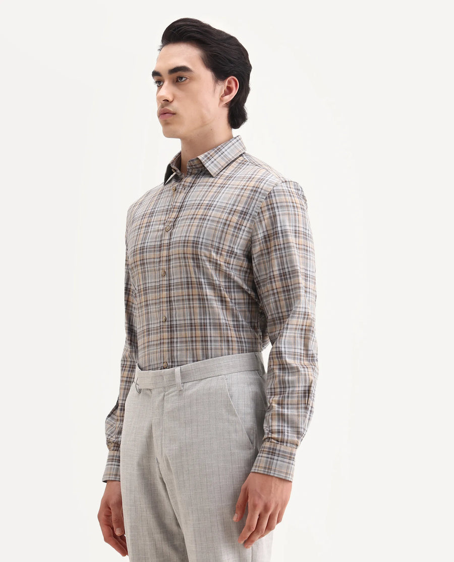 Rare Rabbit Men's Woti Grey Cotton Fabric Full Sleeve Collared Neck Regular Checked Shirt