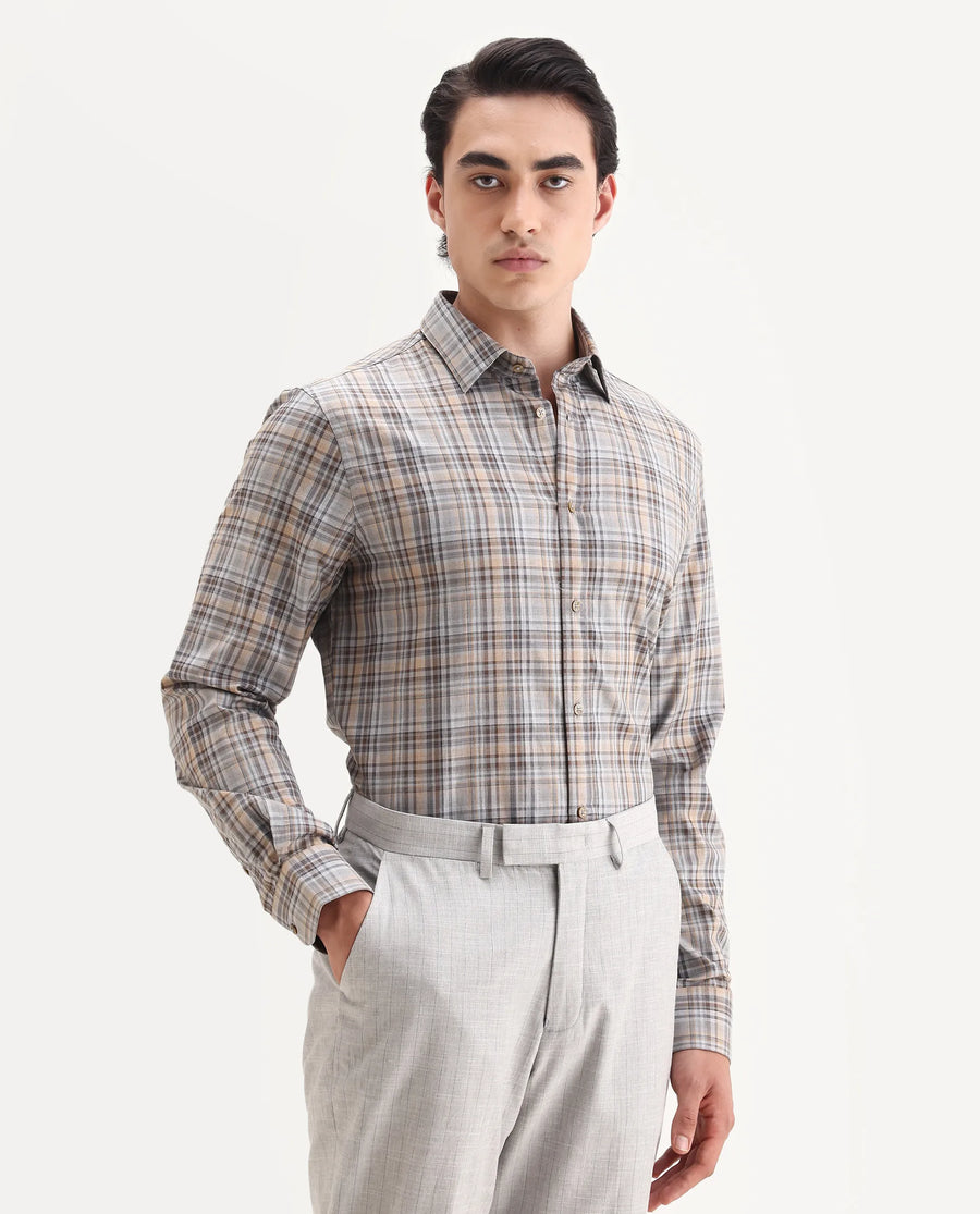 Rare Rabbit Men's Woti Grey Cotton Fabric Full Sleeve Collared Neck Regular Checked Shirt