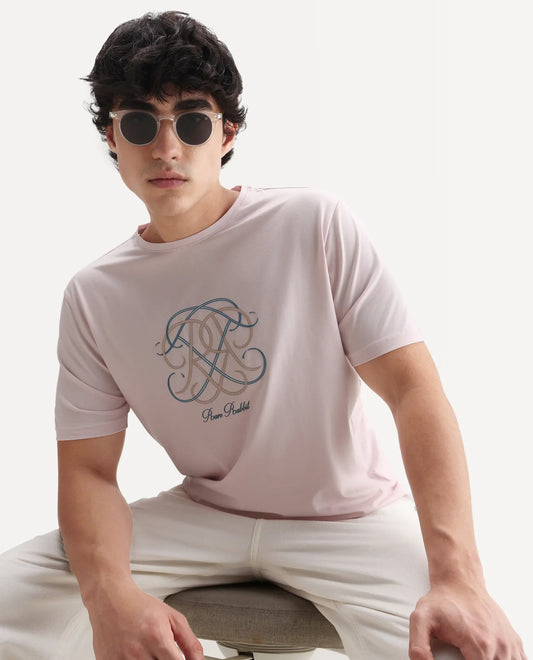 Rare Rabbit Men's Wrax Light Pink Cotton Blend Hd Print Regular Fit Half Sleeve Crew Neck T-Shirt