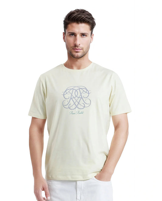 Rare Rabbit Men's Wrax Pastel Yellow Cotton Blend Graphic Print Regular Fit Half Sleeve Crew Neck T-Shirt