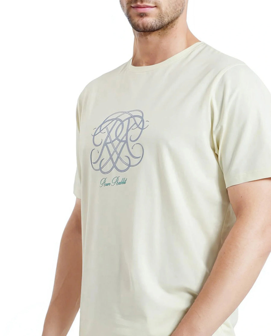 Rare Rabbit Men's Wrax Pastel Yellow Cotton Blend Graphic Print Regular Fit Half Sleeve Crew Neck T-Shirt
