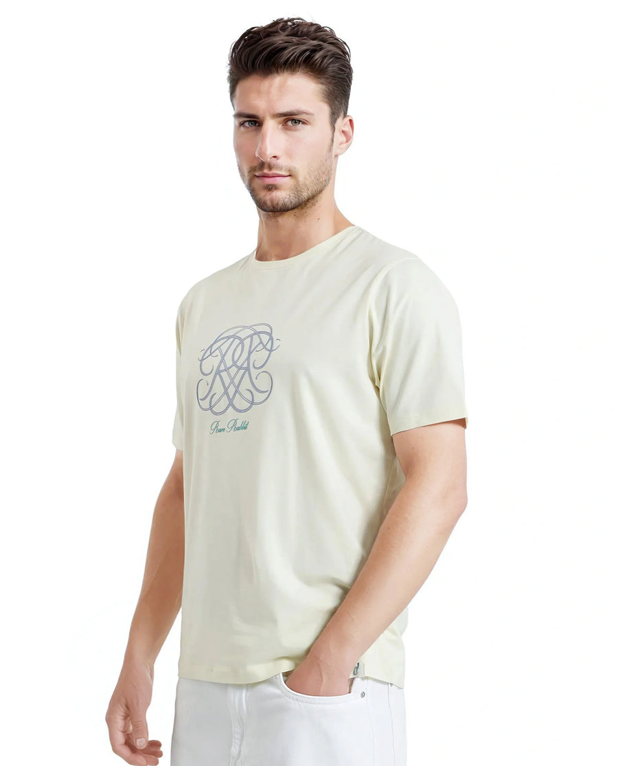 Rare Rabbit Men's Wrax Pastel Yellow Cotton Blend Graphic Print Regular Fit Half Sleeve Crew Neck T-Shirt