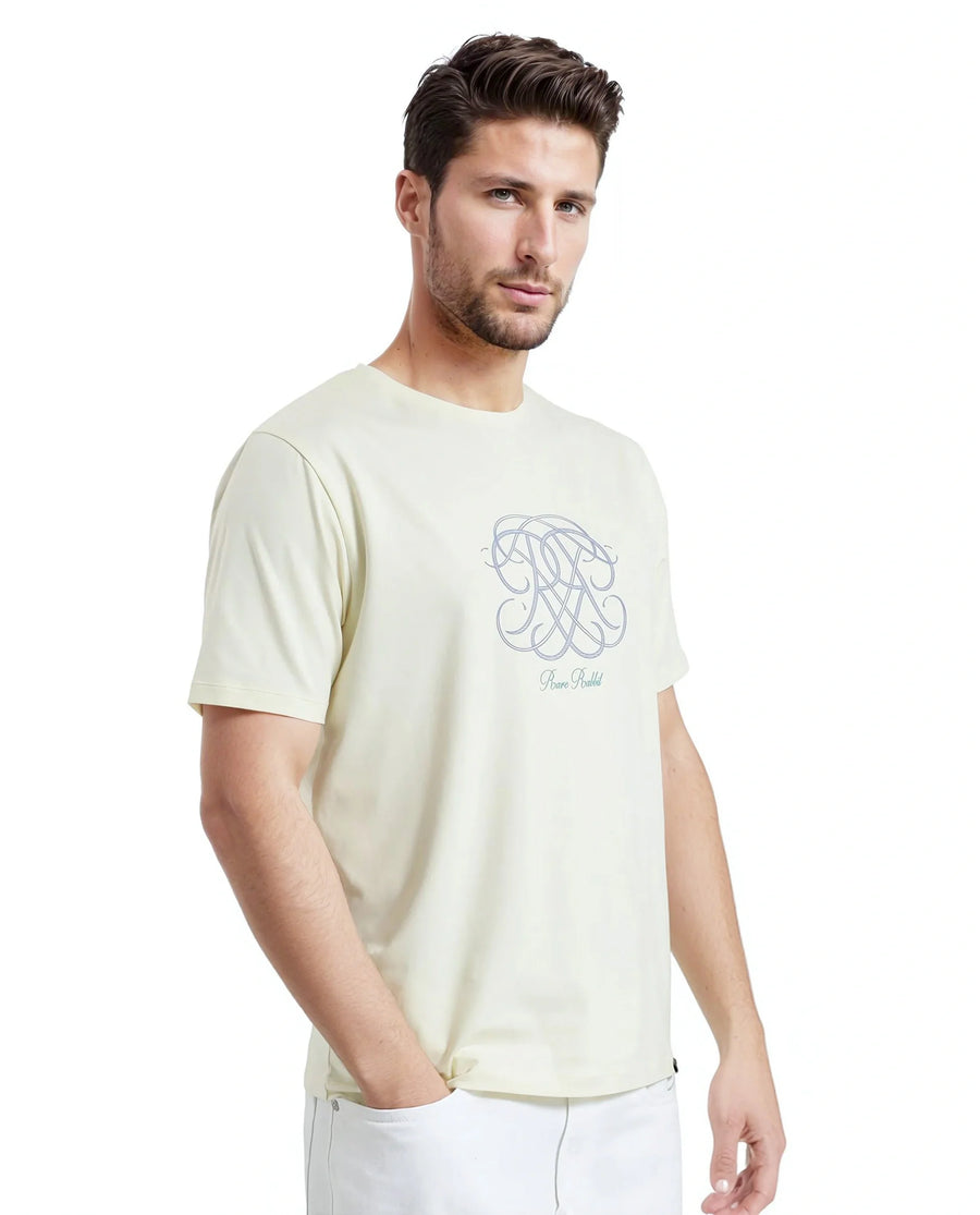 Rare Rabbit Men's Wrax Pastel Yellow Cotton Blend Graphic Print Regular Fit Half Sleeve Crew Neck T-Shirt