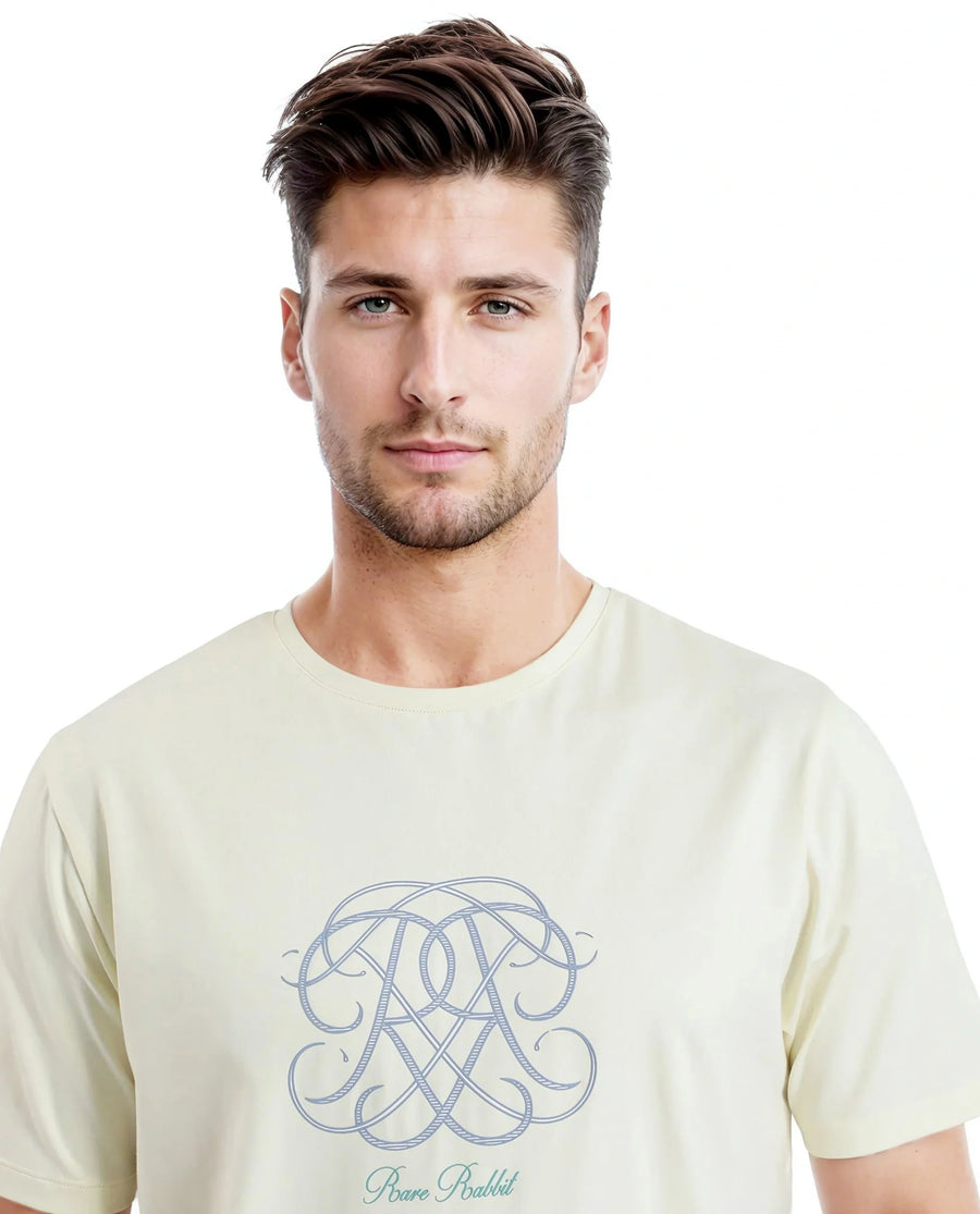 Rare Rabbit Men's Wrax Pastel Yellow Cotton Blend Graphic Print Regular Fit Half Sleeve Crew Neck T-Shirt