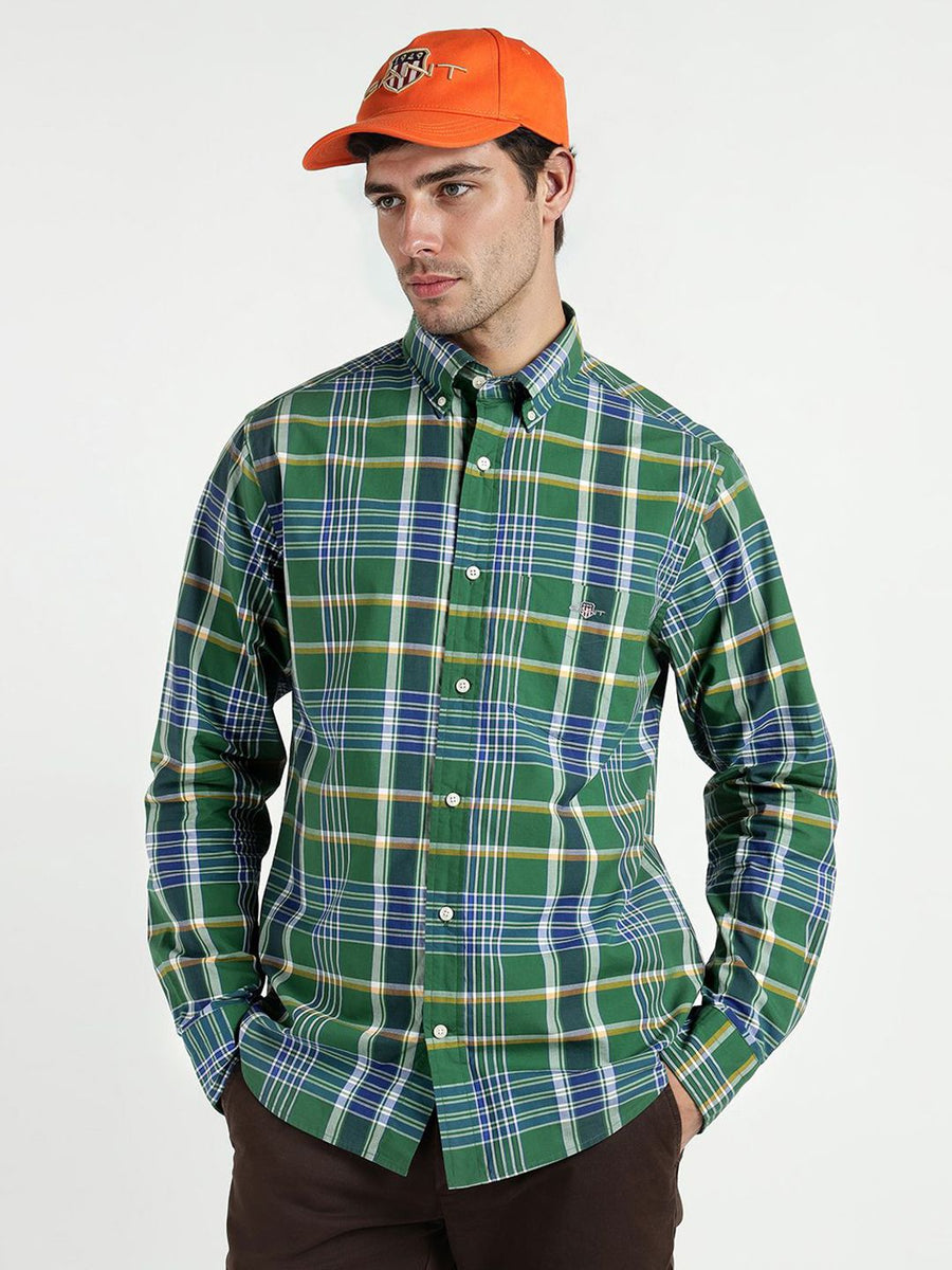 GANT Men Relaxed Fit Checked Button-Down Collar Pure Cotton Poplin Casual Shirt