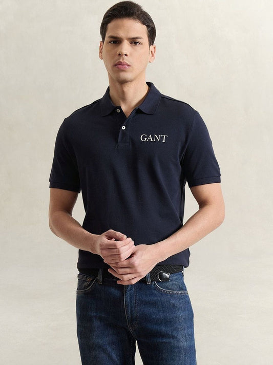 Gant Men Navy Blue Solid Regular Fit Pure Cotton Polo T-Shirt