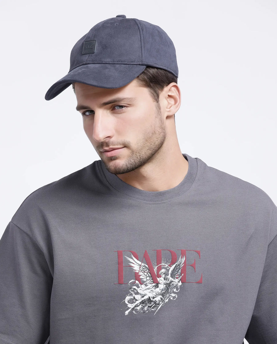 Rare Rabbit Men's Xab Dark Grey Cotton Graphic Print Oversized Fit Half Sleeve Crew Neck T-Shirt