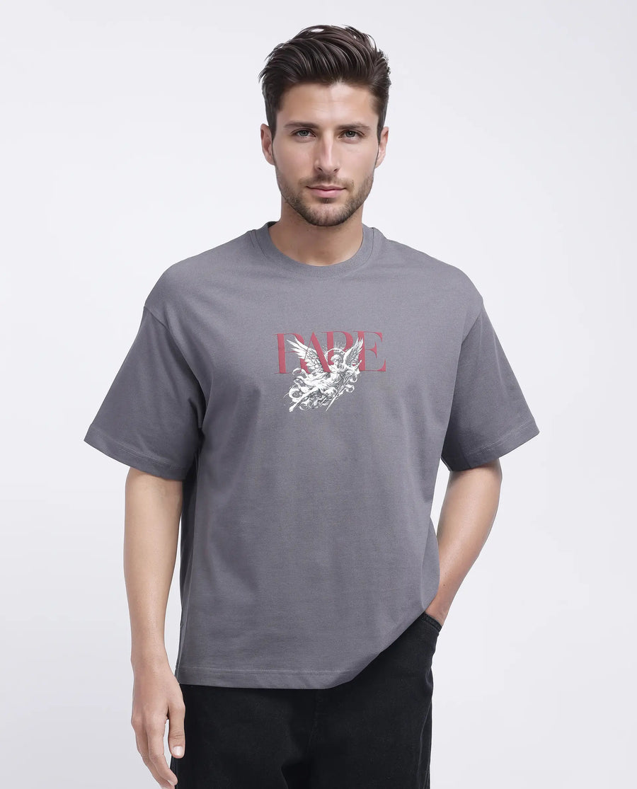 Rare Rabbit Men's Xab Dark Grey Cotton Graphic Print Oversized Fit Half Sleeve Crew Neck T-Shirt