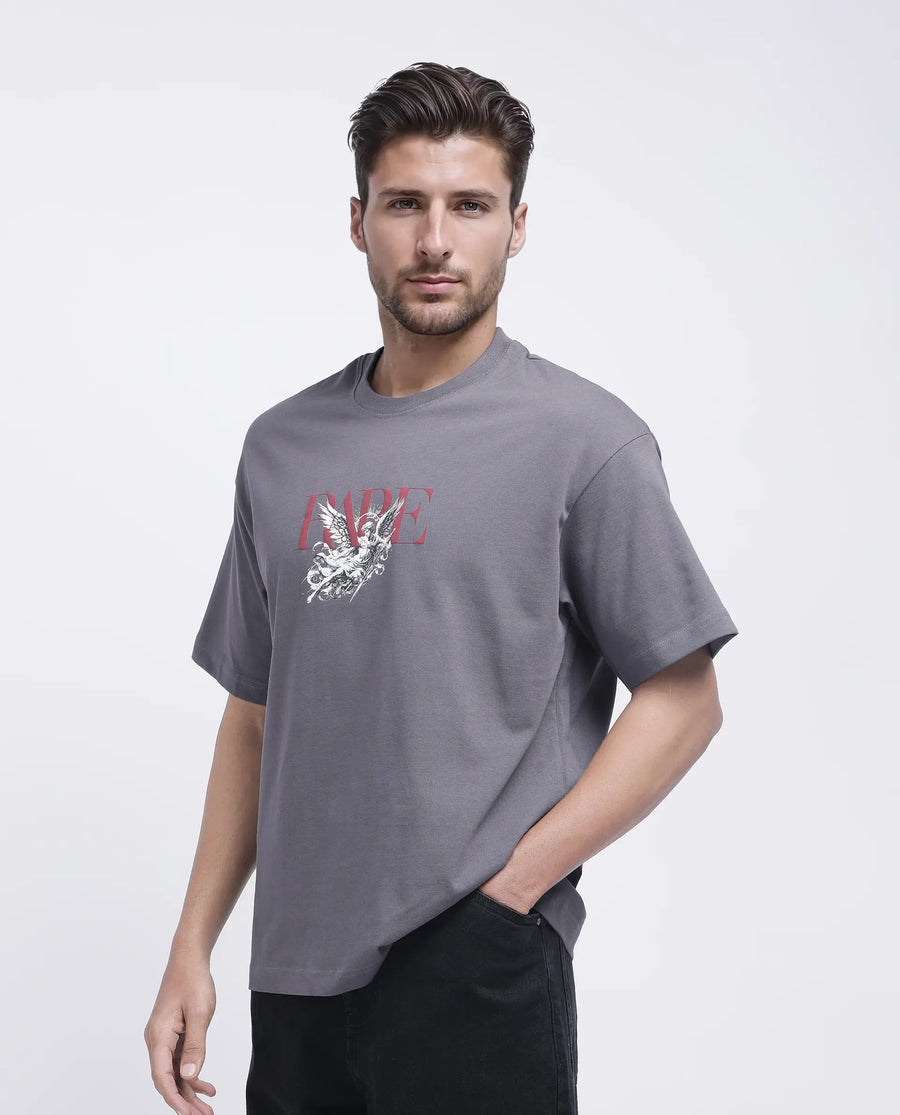 Rare Rabbit Men's Xab Dark Grey Cotton Graphic Print Oversized Fit Half Sleeve Crew Neck T-Shirt