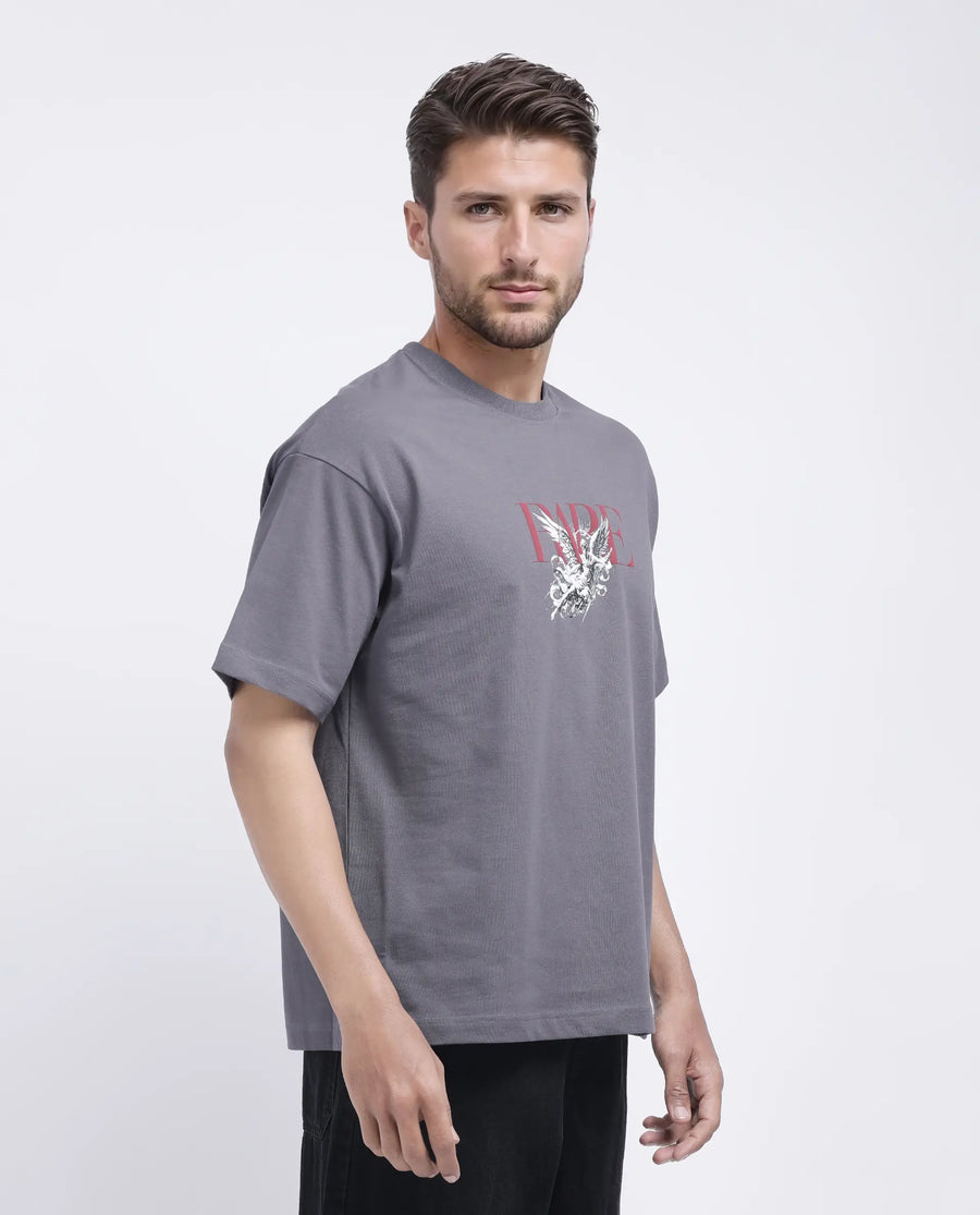 Rare Rabbit Men's Xab Dark Grey Cotton Graphic Print Oversized Fit Half Sleeve Crew Neck T-Shirt