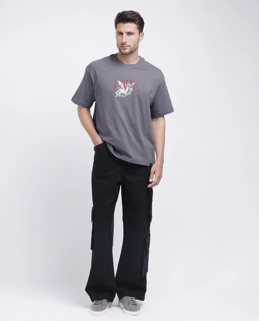 Rare Rabbit Men's Xab Dark Grey Cotton Graphic Print Oversized Fit Half Sleeve Crew Neck T-Shirt