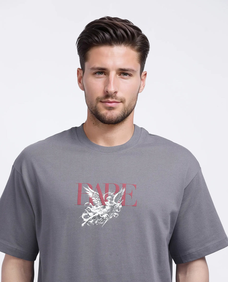 Rare Rabbit Men's Xab Dark Grey Cotton Graphic Print Oversized Fit Half Sleeve Crew Neck T-Shirt