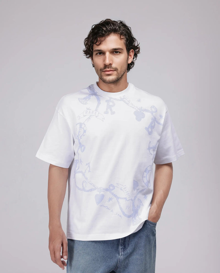 Rare Rabbit Men's Xab White Cotton Graphic Print Oversized Fit Half Sleeve Crew Neck T-Shirt
