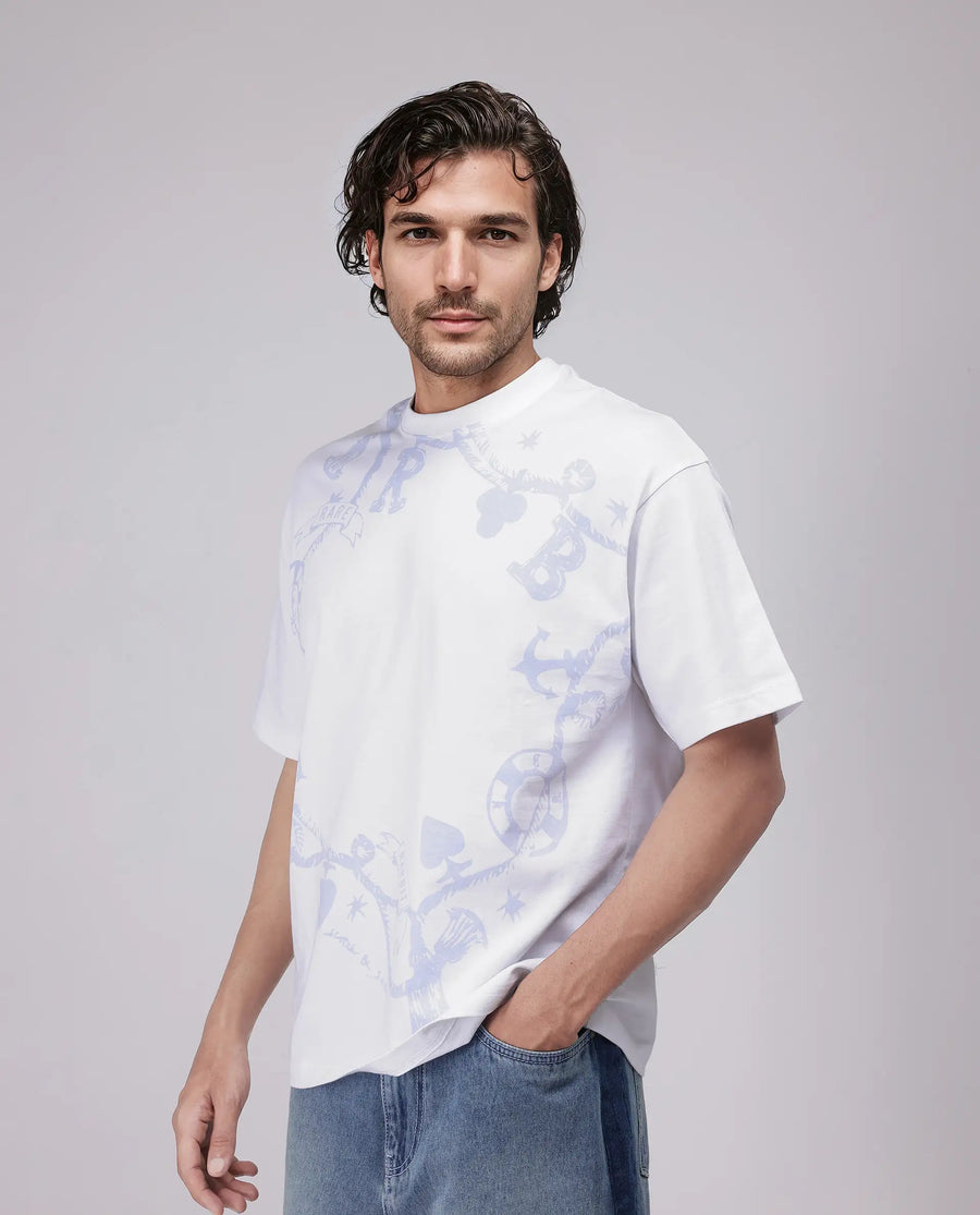Rare Rabbit Men's Xab White Cotton Graphic Print Oversized Fit Half Sleeve Crew Neck T-Shirt
