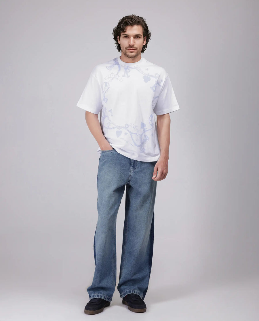 Rare Rabbit Men's Xab White Cotton Graphic Print Oversized Fit Half Sleeve Crew Neck T-Shirt