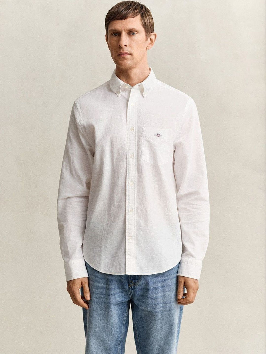 Gant Men White Solid Regular Fit Cotton Linen Shirt
