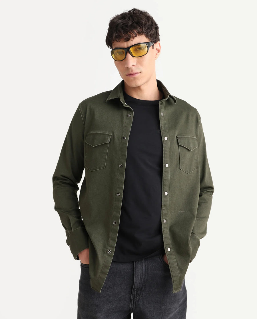 Rare Rabbit Men's Xenor 25 Dark Olive Cotton Plain Regular Fit Full Sleeve Collared Shirt