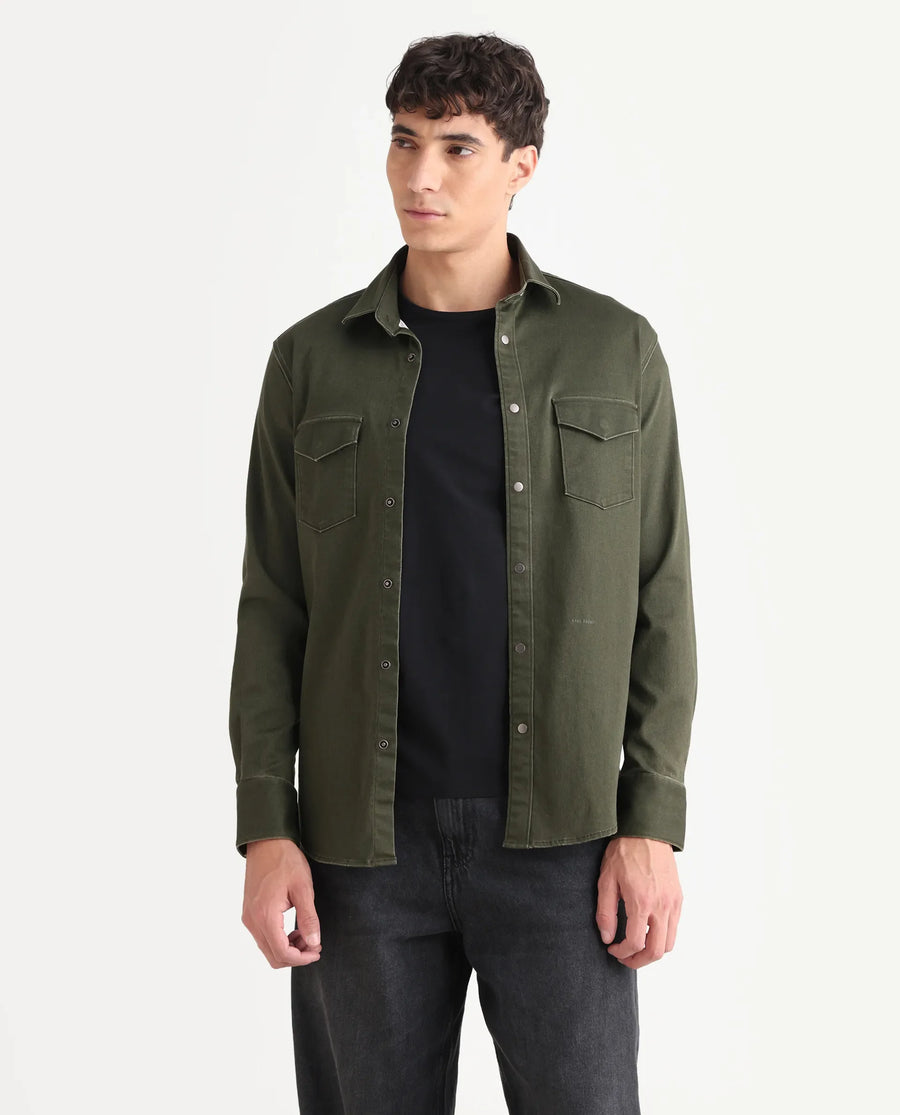 Rare Rabbit Men's Xenor 25 Dark Olive Cotton Plain Regular Fit Full Sleeve Collared Shirt