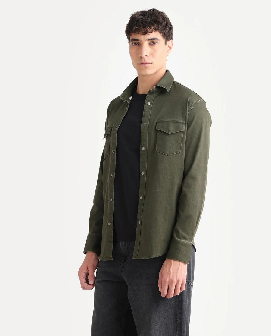 Rare Rabbit Men's Xenor 25 Dark Olive Cotton Plain Regular Fit Full Sleeve Collared Shirt