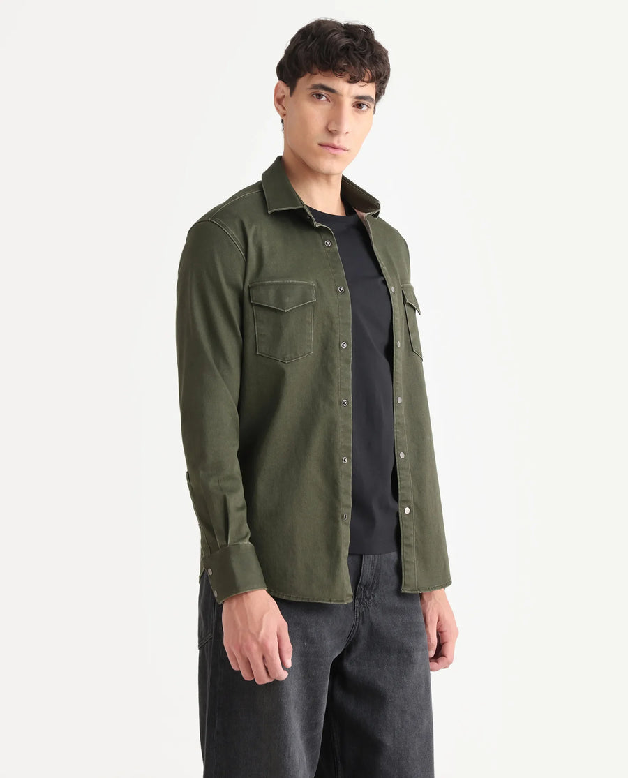 Rare Rabbit Men's Xenor 25 Dark Olive Cotton Plain Regular Fit Full Sleeve Collared Shirt