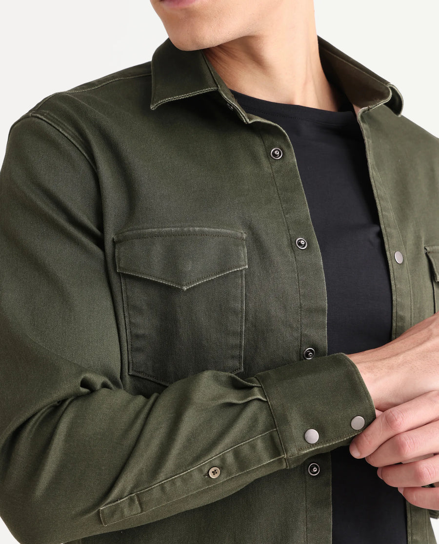 Rare Rabbit Men's Xenor 25 Dark Olive Cotton Plain Regular Fit Full Sleeve Collared Shirt
