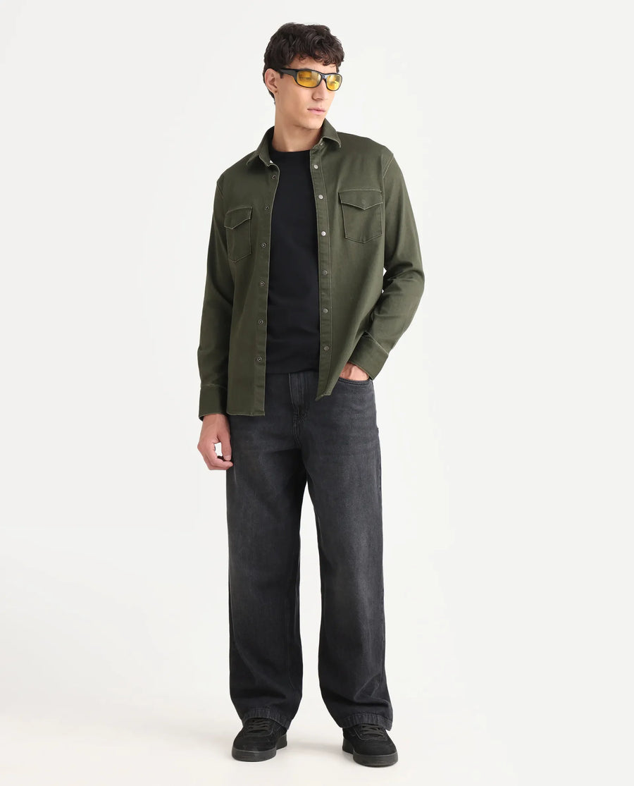 Rare Rabbit Men's Xenor 25 Dark Olive Cotton Plain Regular Fit Full Sleeve Collared Shirt