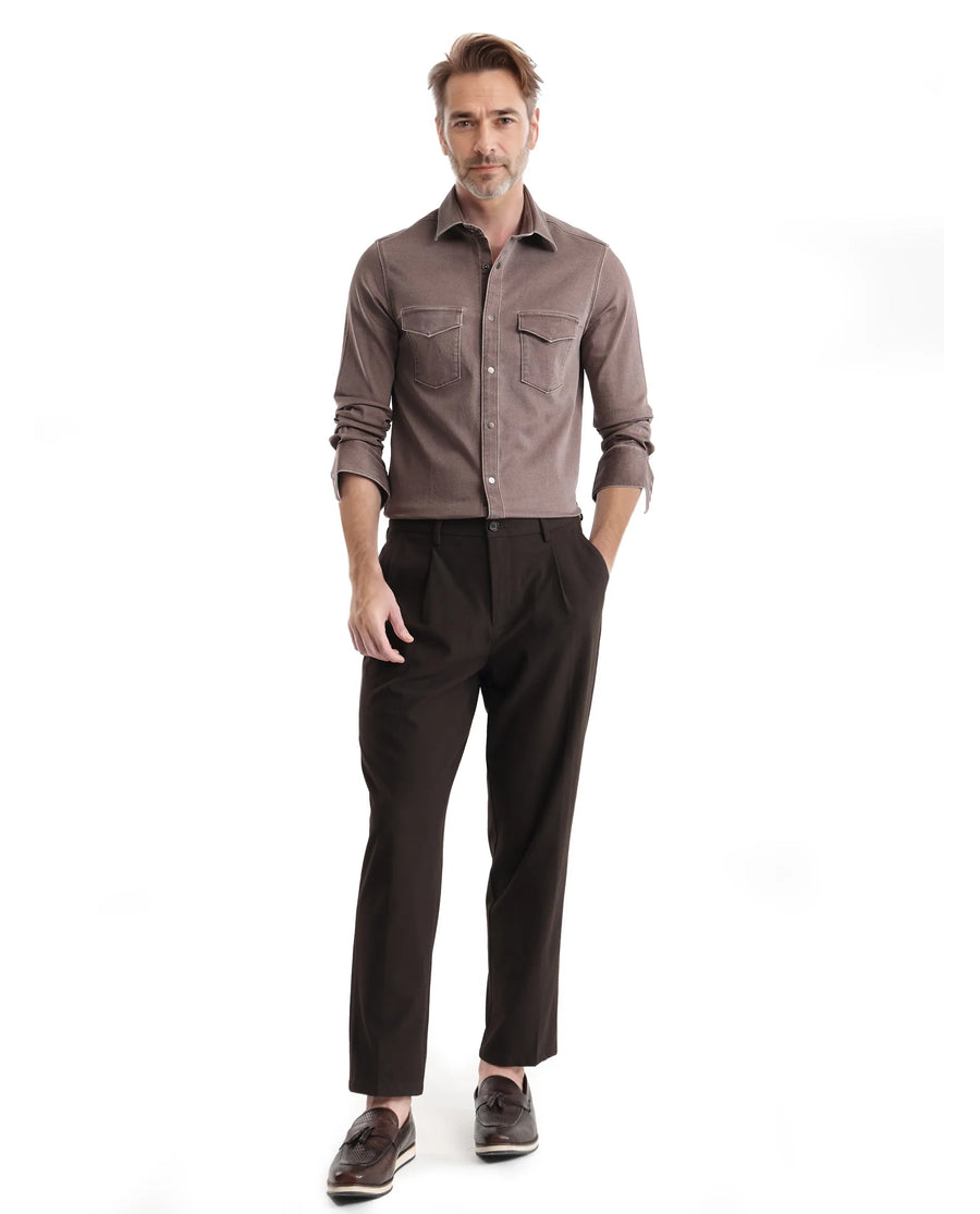 Rare Rabbit Men's Xenor Brown Cotton Plain Regular Fit Full Sleeve Collared Shirt