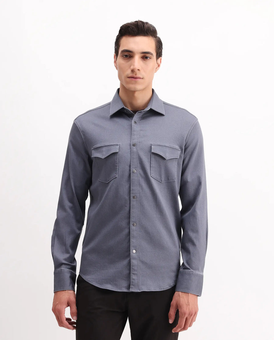 Rare Rabbit Men's Xenor 25 Dusky Blue Cotton Plain Regular Fit Full Sleeve Collared Shirt