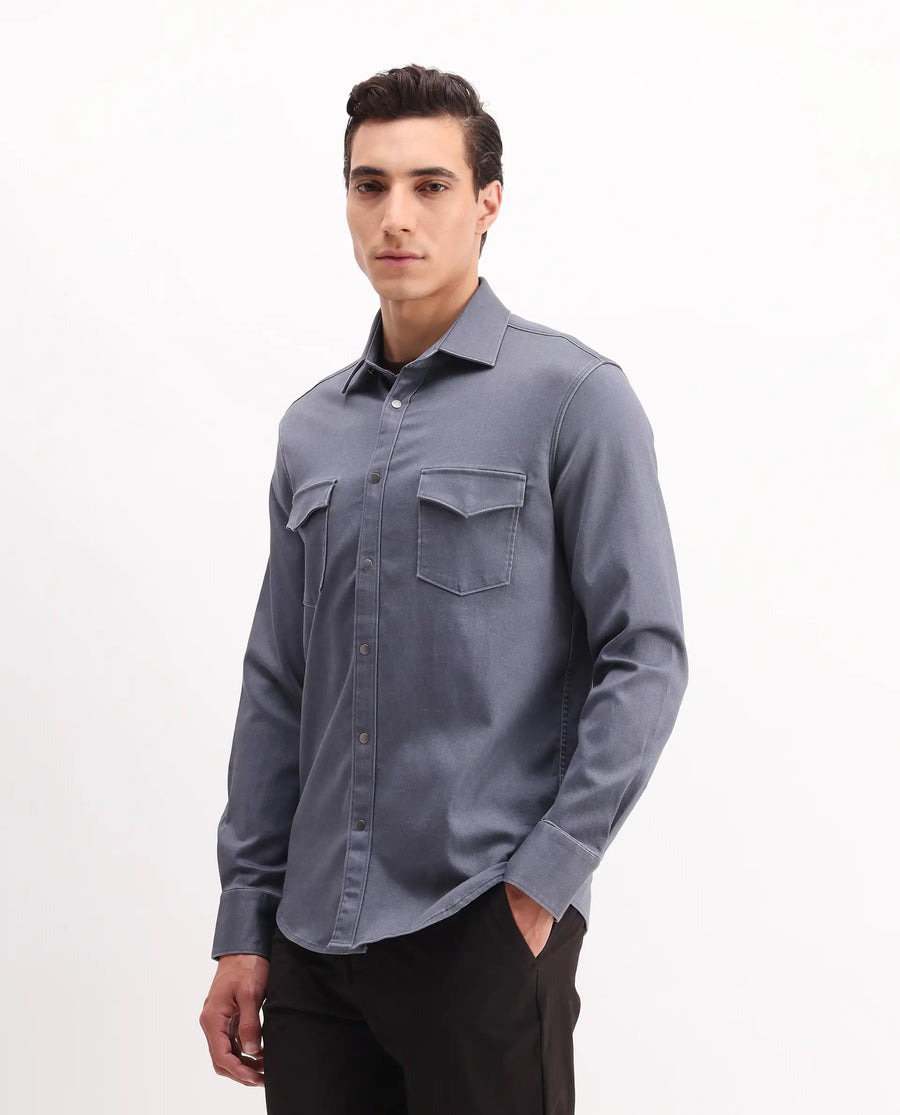 Rare Rabbit Men's Xenor 25 Dusky Blue Cotton Plain Regular Fit Full Sleeve Collared Shirt