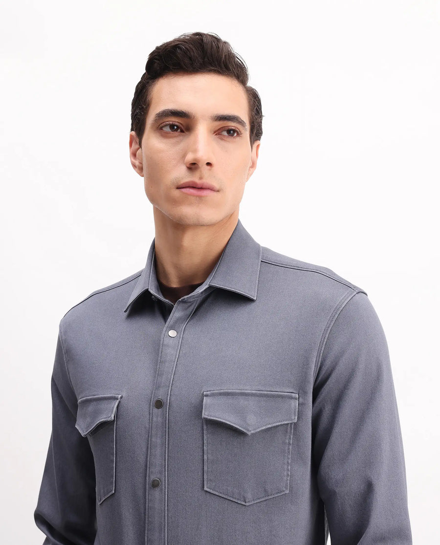 Rare Rabbit Men's Xenor 25 Dusky Blue Cotton Plain Regular Fit Full Sleeve Collared Shirt