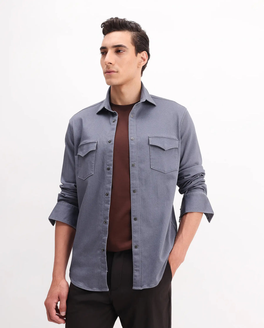 Rare Rabbit Men's Xenor 25 Dusky Blue Cotton Plain Regular Fit Full Sleeve Collared Shirt