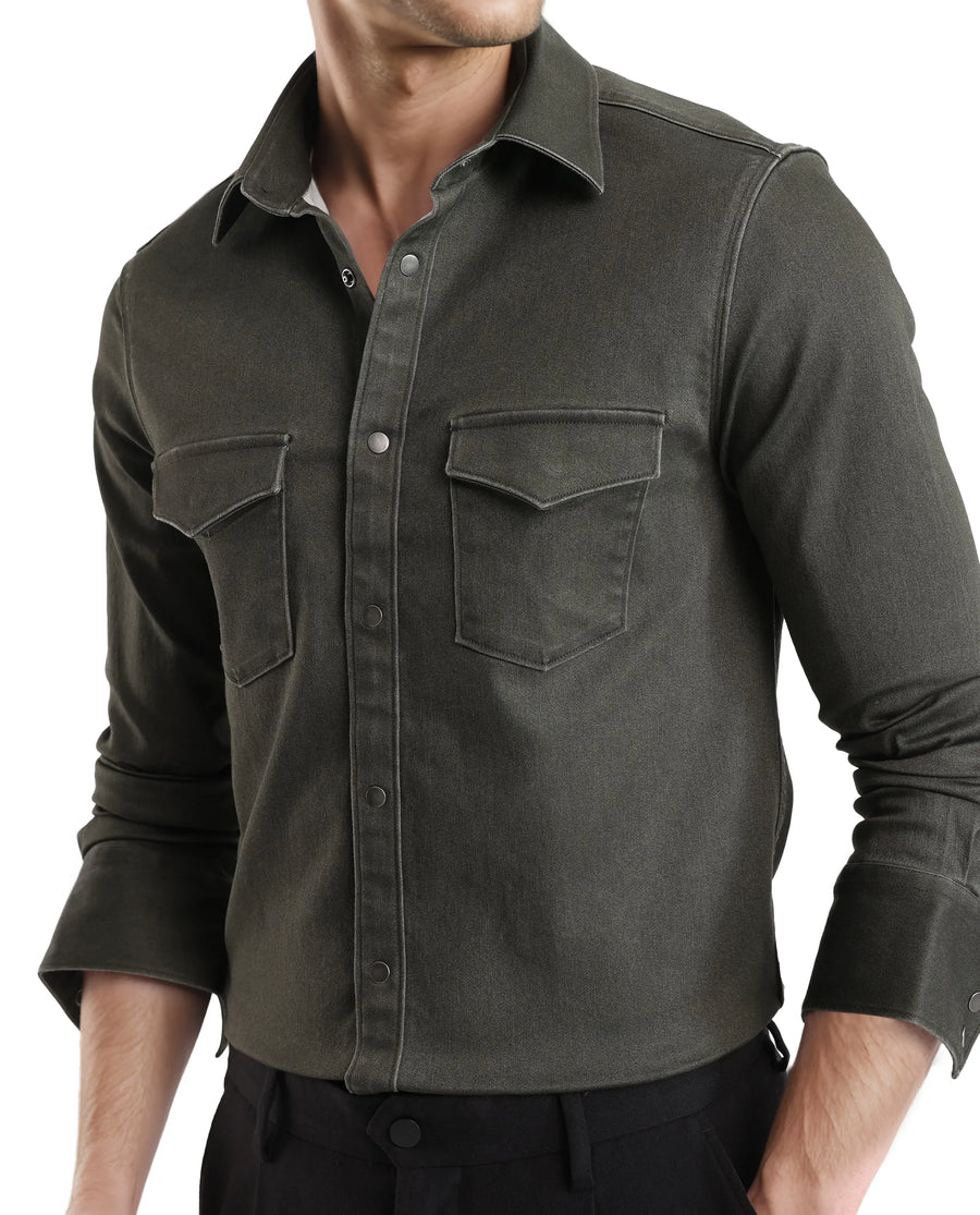 Rare Rabbit Men's Xenor Olive Cotton Plain Regular Fit Full Sleeve Collared Shirt