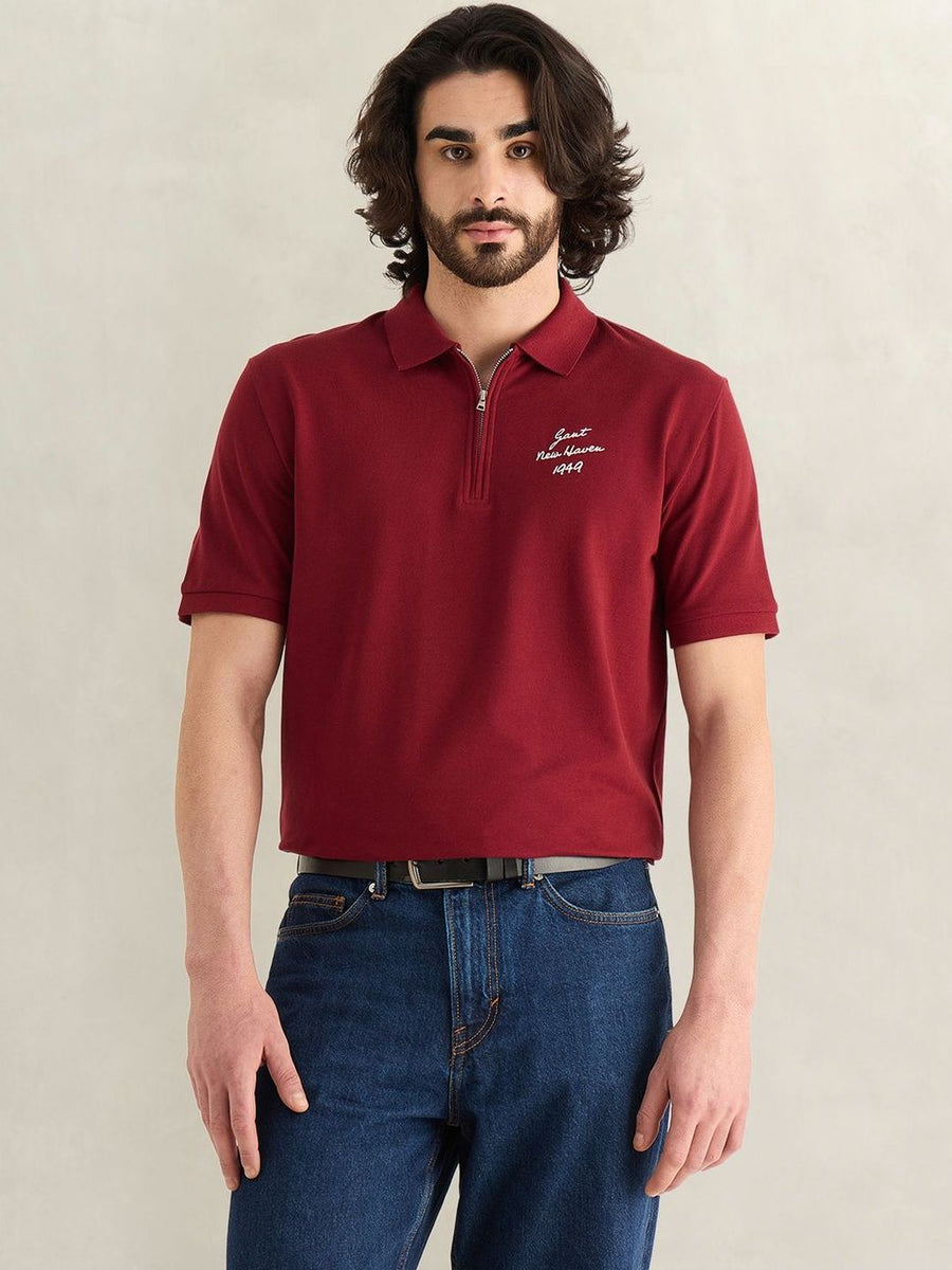 Gant Men Maroon Solid Regular Fit Pure Cotton Polo T-Shirt