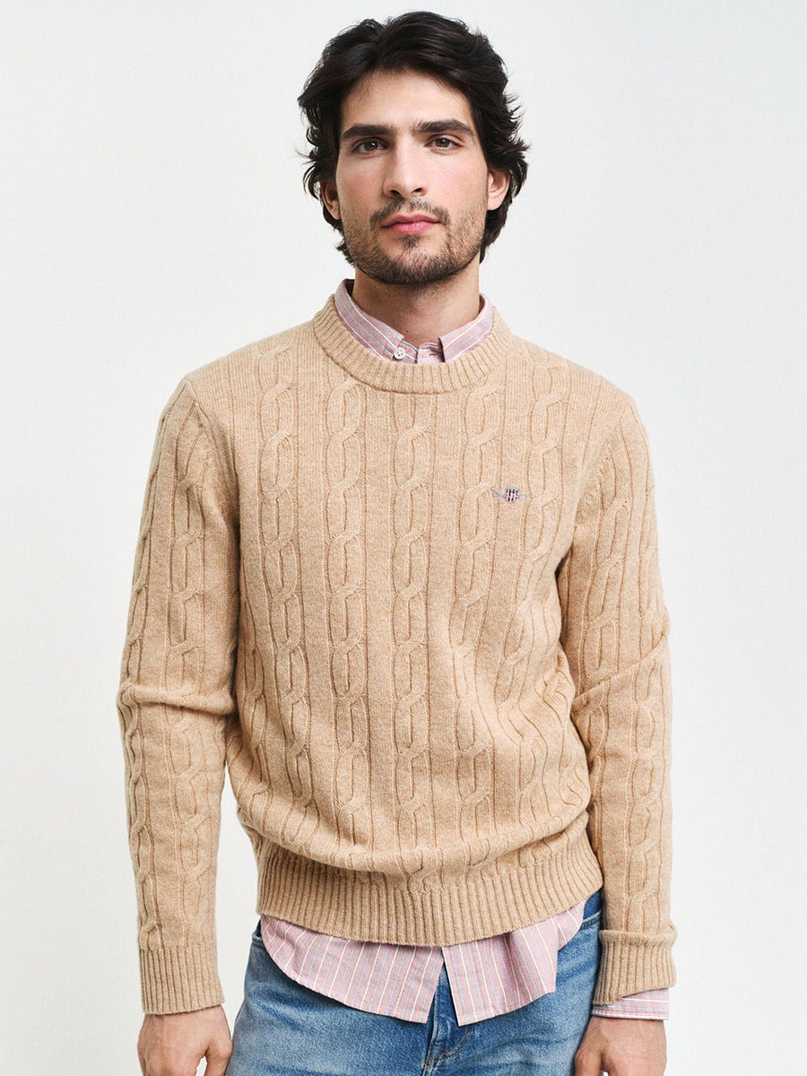 GANT Men Cable Knit Round Neck Woollen Pullover Sweater