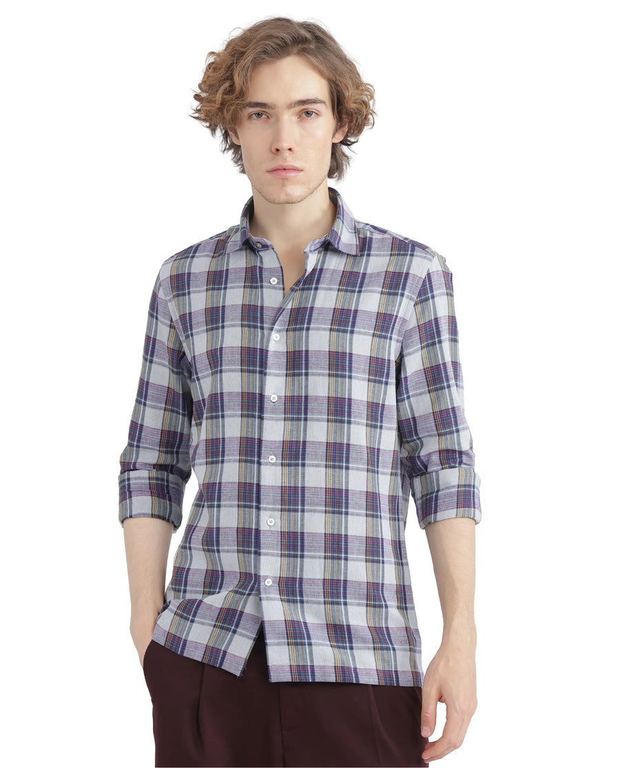 Rare Rabbit Men's Yanda Grey Cotton Checked Print Oversized Fit Full Sleeve Collared Shirt