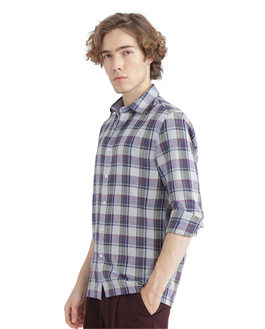 Rare Rabbit Men's Yanda Grey Cotton Checked Print Oversized Fit Full Sleeve Collared Shirt