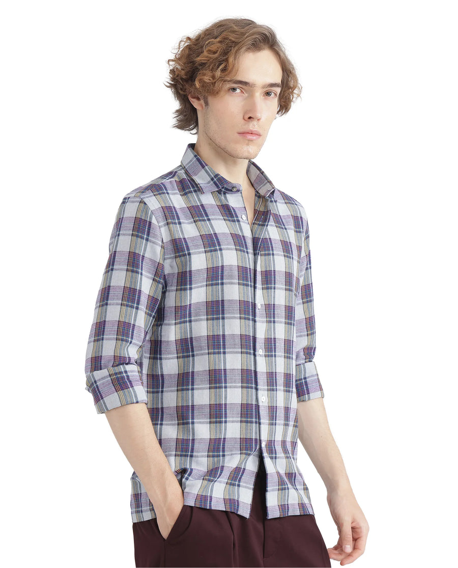Rare Rabbit Men's Yanda Grey Cotton Checked Print Oversized Fit Full Sleeve Collared Shirt