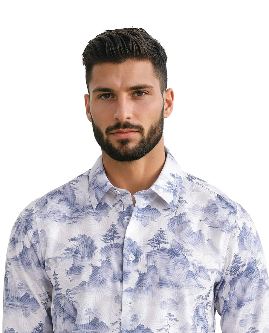 Rare Rabbit Men's Yashi Off White Cotton Abstract Print Regular Fit Full Sleeve Collared Shirt