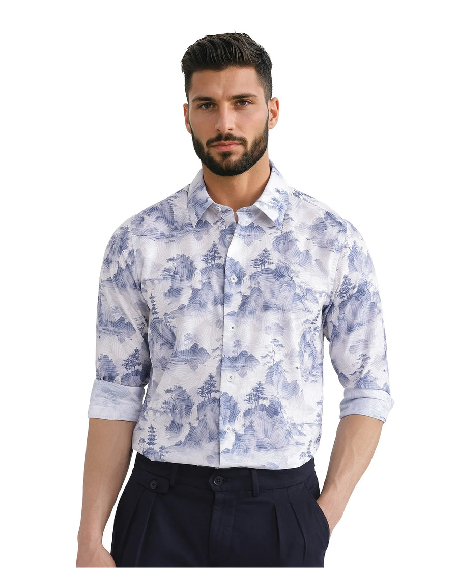 Rare Rabbit Men's Yashi Off White Cotton Abstract Print Regular Fit Full Sleeve Collared Shirt