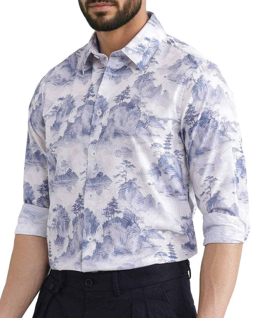 Rare Rabbit Men's Yashi Off White Cotton Abstract Print Regular Fit Full Sleeve Collared Shirt