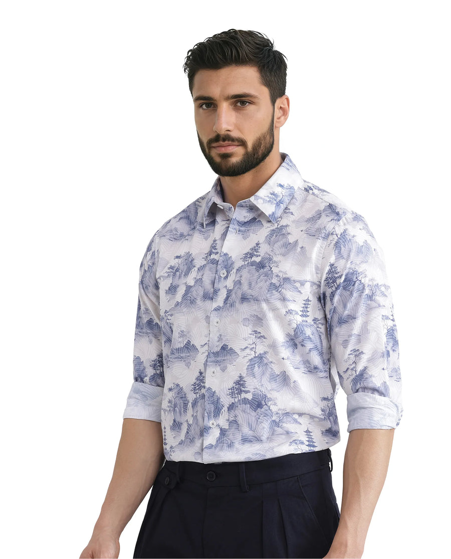 Rare Rabbit Men's Yashi Off White Cotton Abstract Print Regular Fit Full Sleeve Collared Shirt